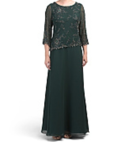 𝅺JKARA Hunter Asimetrical Green Chiffon Beaded  Embellished Gown - Picture 1 of 17